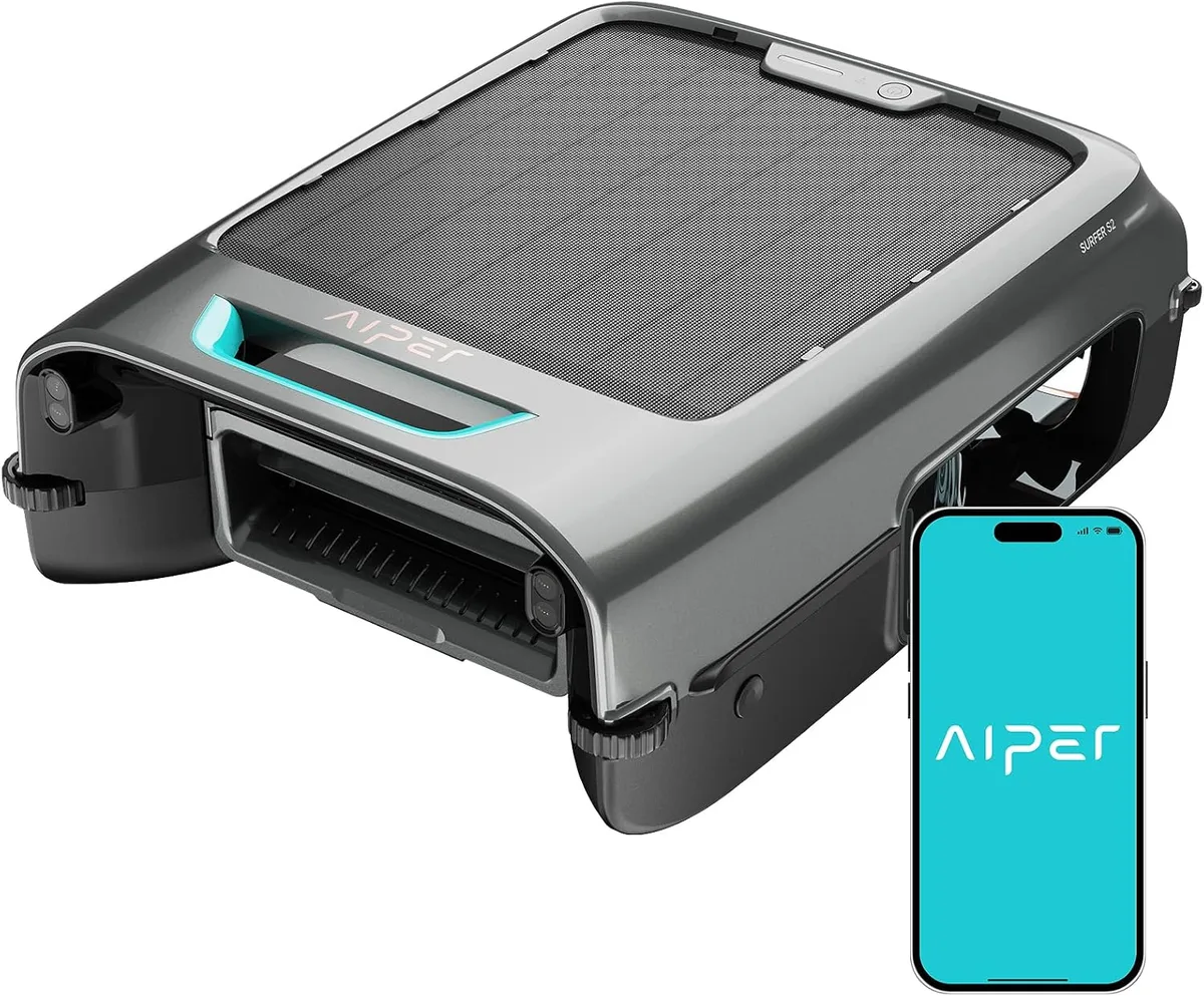 Aiper EcoSurfer S2 Pool-Skimmer mit Solarpanel und App-Darstellung