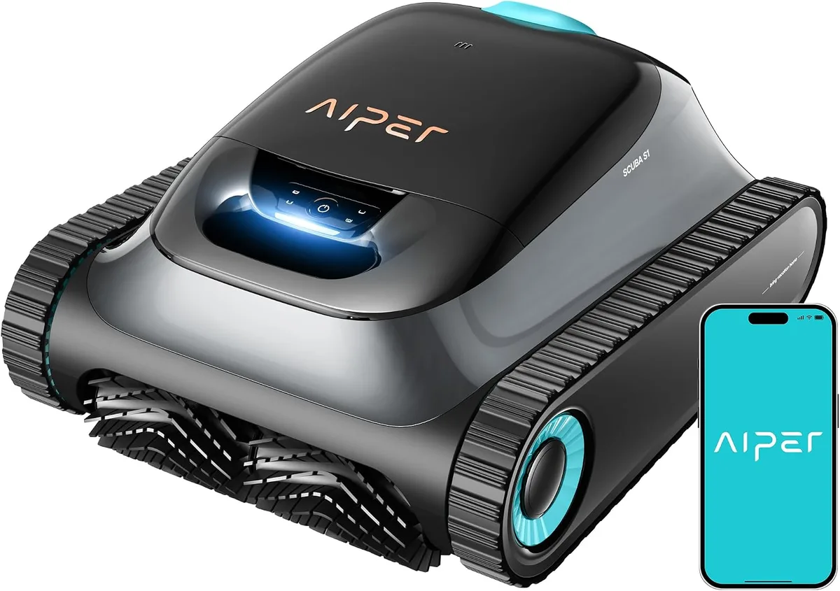 Aiper Scuba S1 Poolroboter mit Raupenketten und App-Darstellung