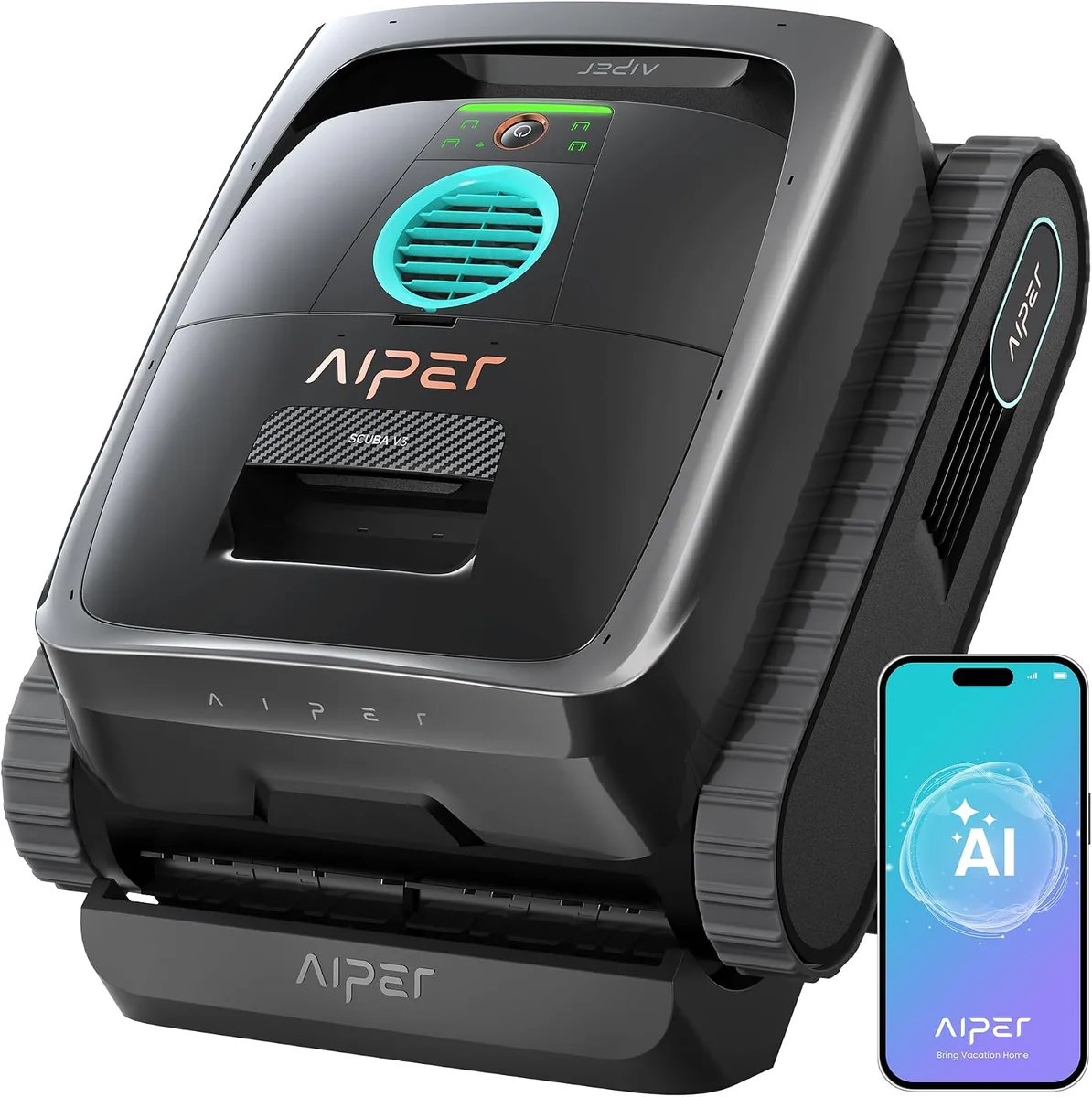 Aiper Scuba V3 Poolroboter mit Raupenketten und App-Darstellung