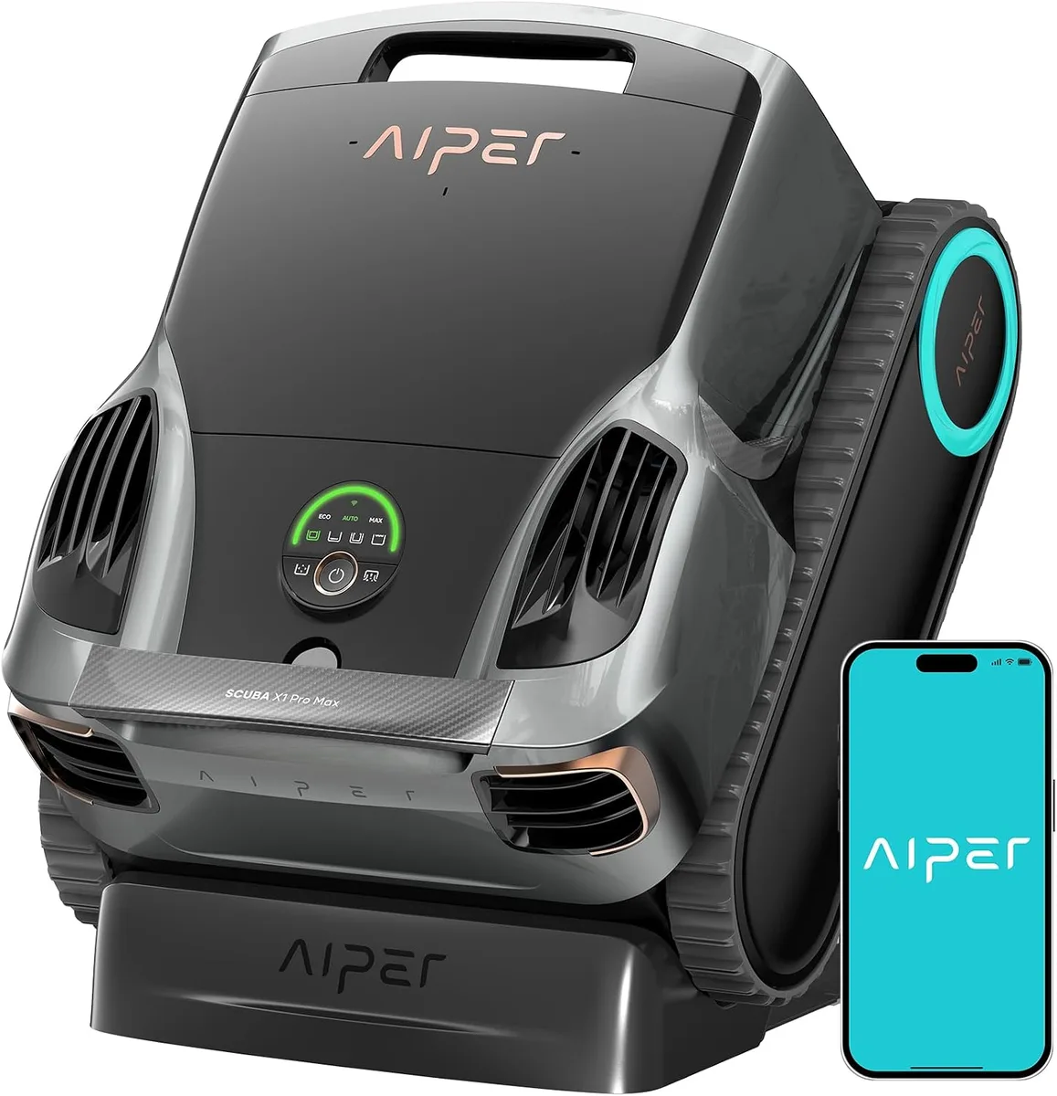 Aiper Scuba X1 Pro Max Poolroboter mit Raupenketten und App-Darstellung
